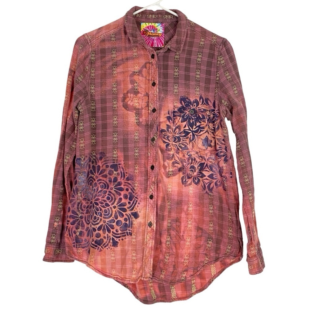 Handmade Floral Flannel Shirt Womens Size Small Bleached Plaid Button Down Pink